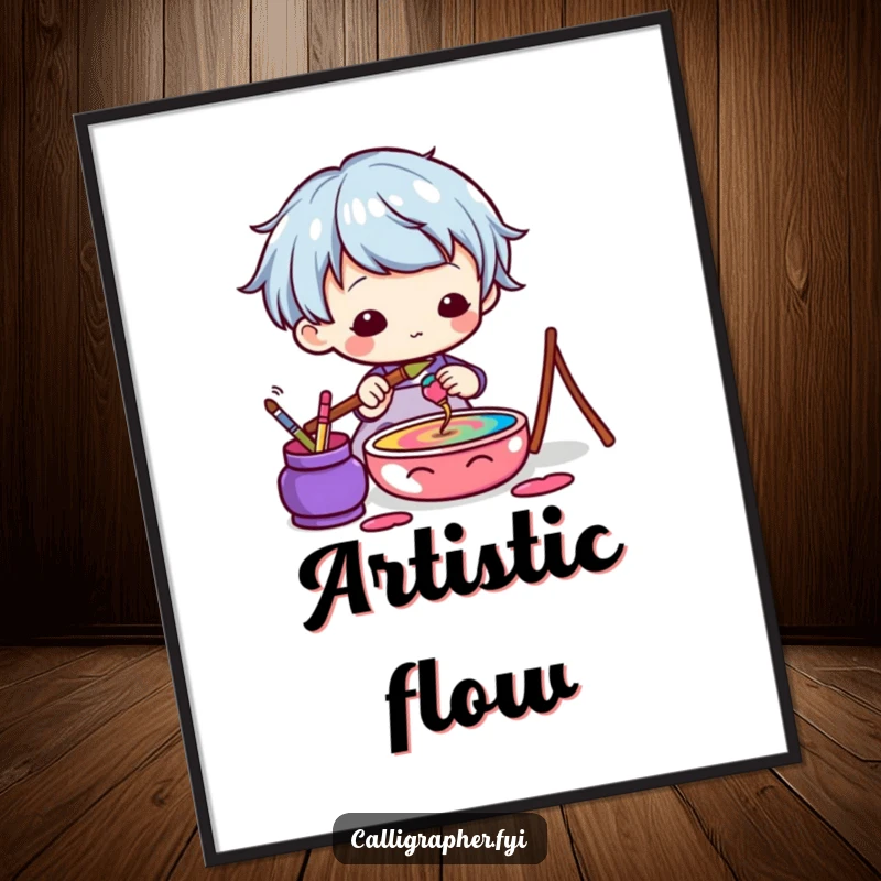 Funny Kawaii Artist Poster depicting a cute character dipping a brush into a colorful ink pot, ready to create art.