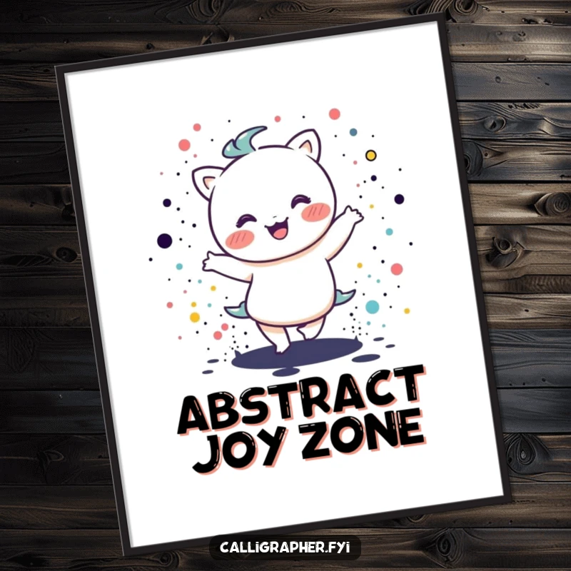 Funny kawaii character caught mid-happy dance, surrounded by lively ink splatters, creating dynamic and humorous wall art for any creative space.