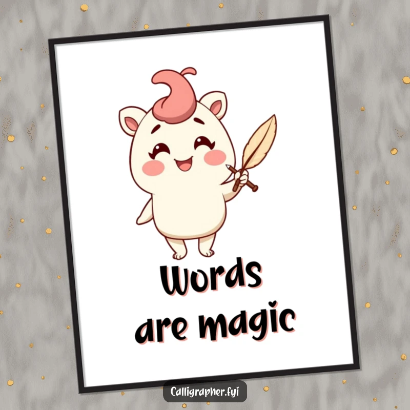 Funny poster print of a cheerful character holding a quill pen with a flourish, adding elegant humor and literary charm to decor.