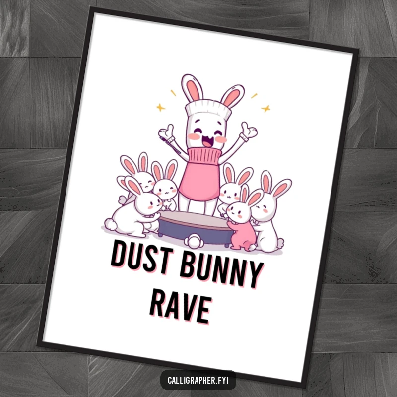 Funny poster art of an enthusiastic sock passionately conducting a chaotic orchestra of dust bunnies.