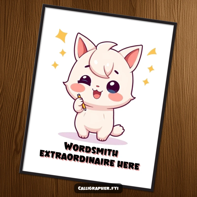 Funny poster art of a playful character doing a triumphant flourish after writing, celebrating literary success with vibrant and humorous flair.