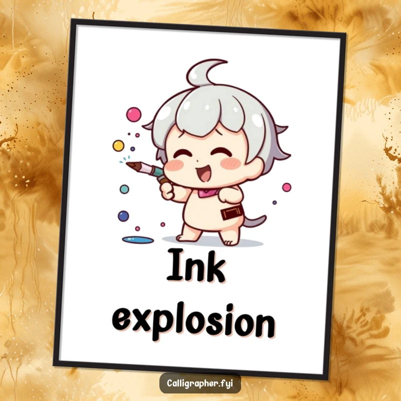 Funny Kawaii character poster, enthusiastically spraying ink from a pen nib, embodying artistic passion, perfect humorous wall art.