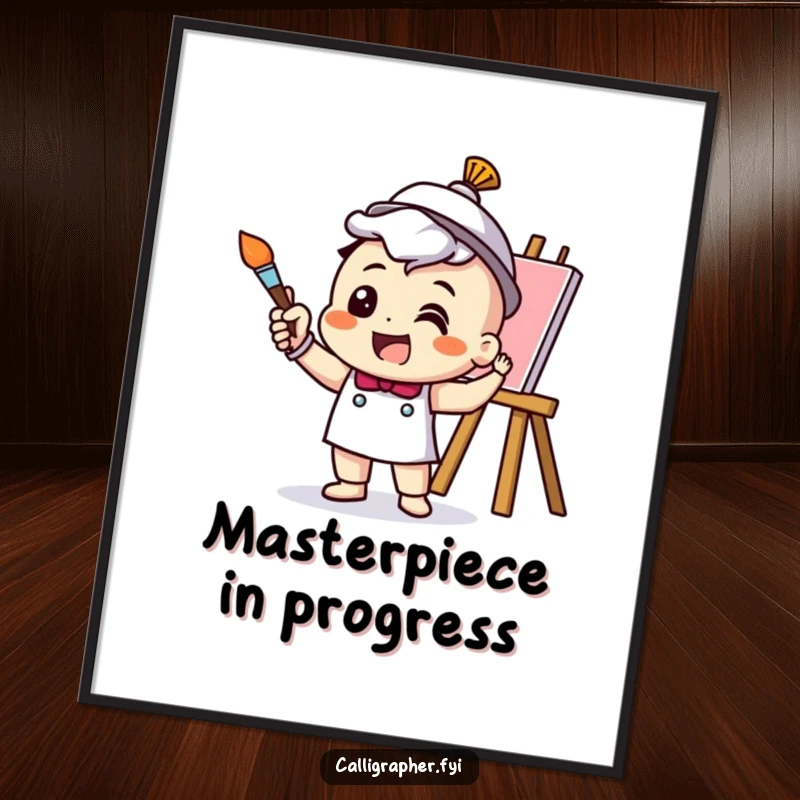 Funny Poster depicting a cheerful artist character mid-paint stroke with a brush, capturing a moment of pure creative excitement.