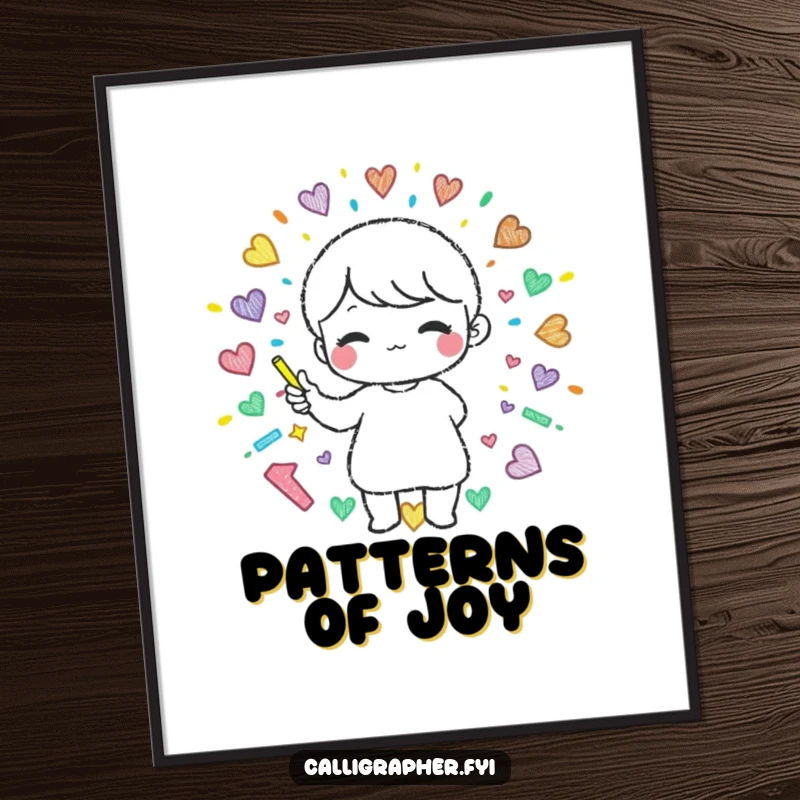 Funny poster art of a cute character creating a beautiful, colorful pattern with chalk, showcasing artistic joy and vibrancy.