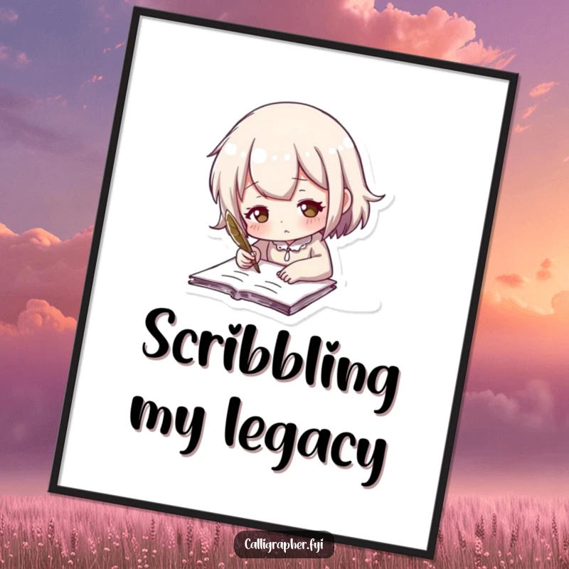 Funny poster illustration of a cute character with a feathered quill, engrossed in the act of writing, inspiring creativity.