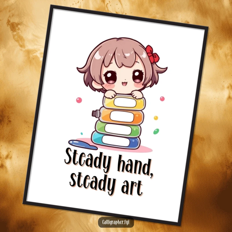 Funny Poster: Cute character balancing a stack of ink bottles, representing the delicate and often humorous side of art creation.