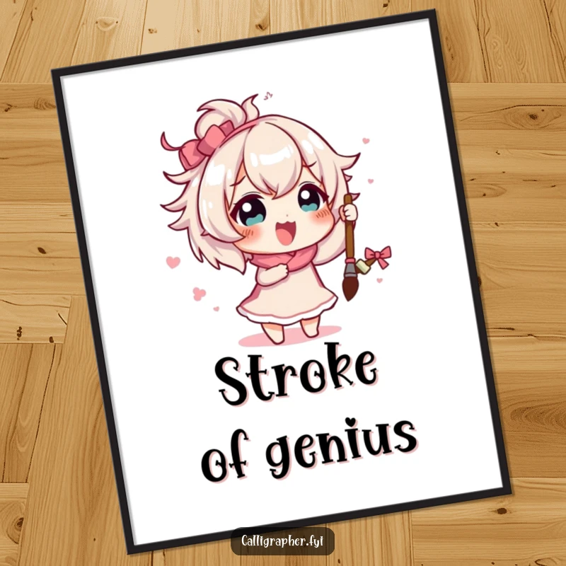 Funny cute character enthusiastically painting a grand flourish with a brush, presented as humorous wall art.