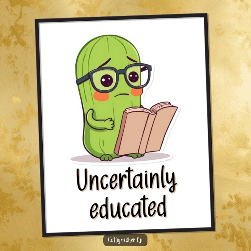 Funny pickle poster showing a pickle in reading glasses, looking confused at a book, humorous wall art for book lovers.