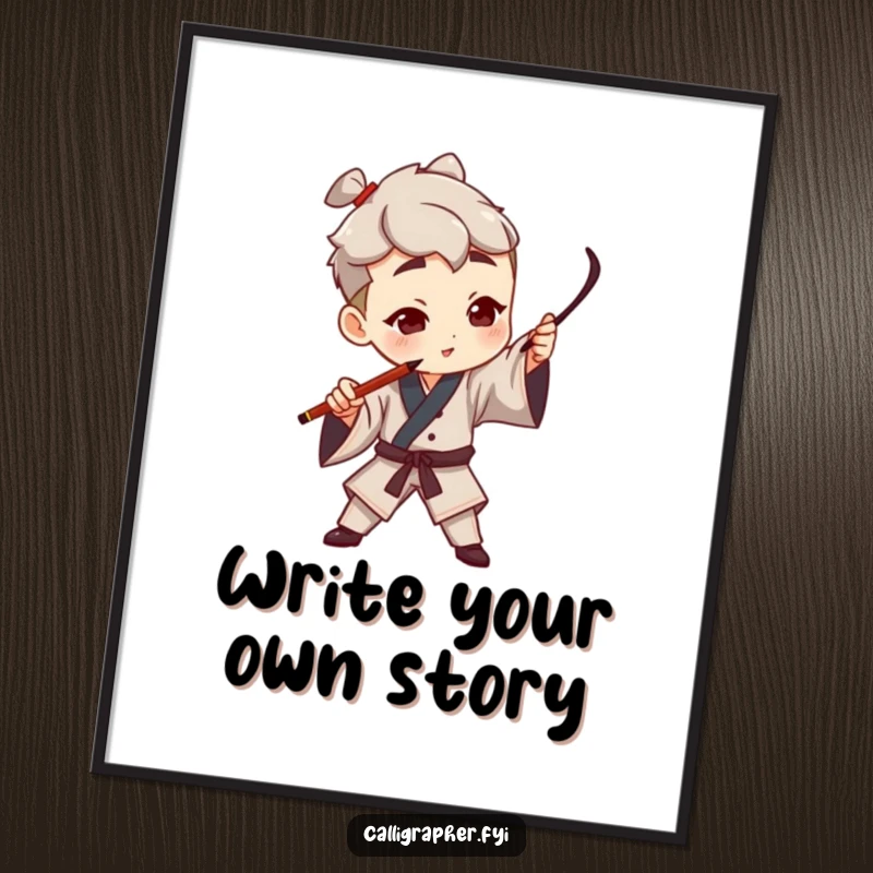 Funny poster of a character artist dramatically gesturing with a calligraphy pen, creating a bold stroke in the air, symbolizing artistic expression.