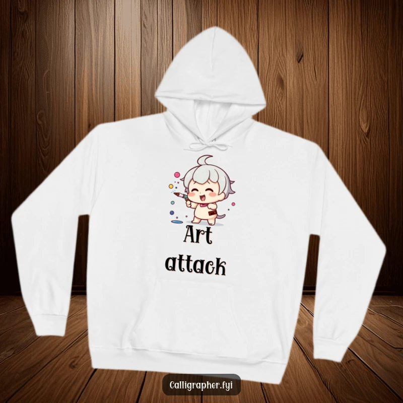Funny Kawaii character hoodie, enthusiastically spraying ink from a pen nib, offering warmth and creative inspiration, great gift.