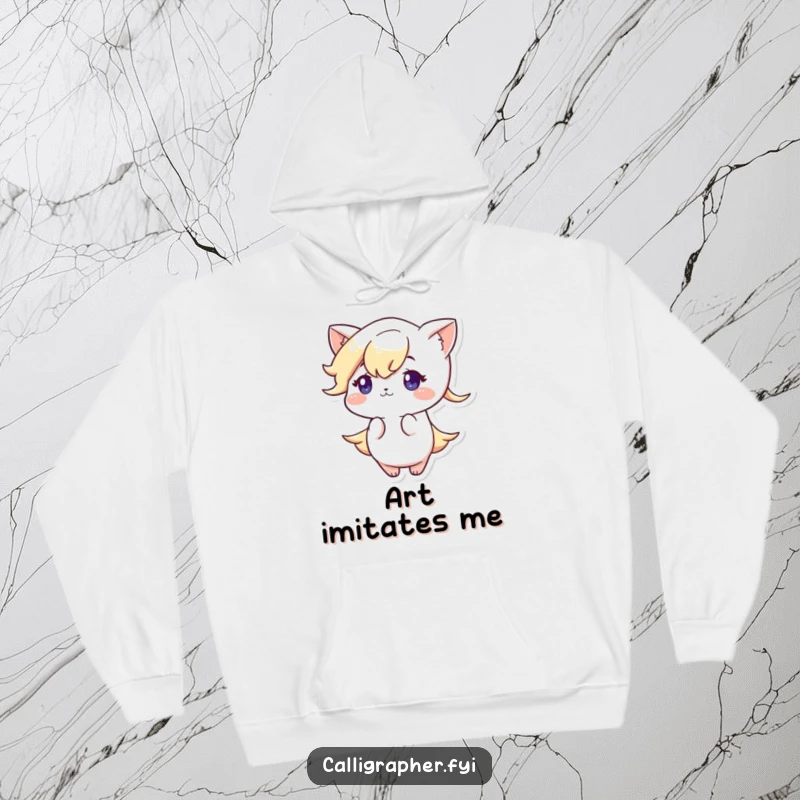 Funny hoodie designed with a cute character concentrating deeply while drawing an elaborate and elegant flourish, radiating artistic intent.