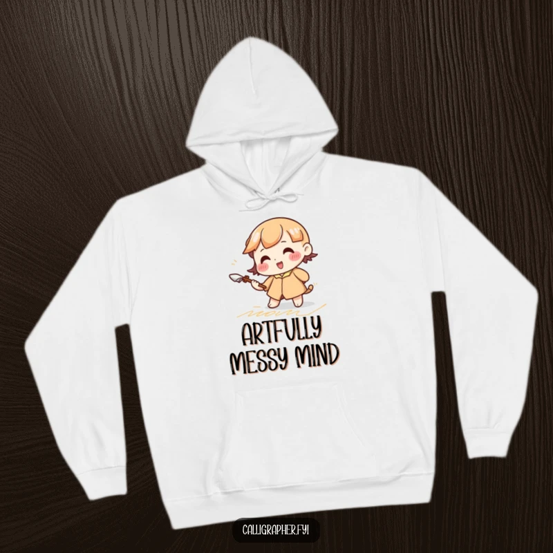 Funny hoodie featuring a cute character vigorously practicing elegant cursive strokes with a large quill, offering warmth and artistic charm.