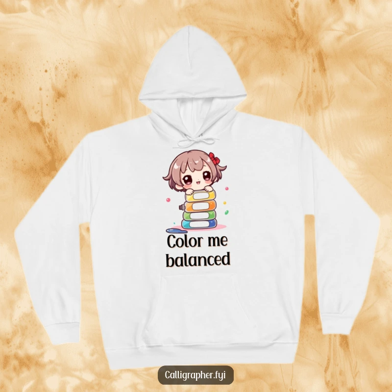 Funny Hoodie: Cute character impressively balancing a stack of ink bottles, representing artistic focus and a touch of playful risk.