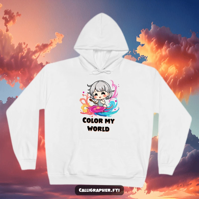 Funny hoodie showing a cute character blissfully painting a large, swirling pattern using vivid, colorful ink.