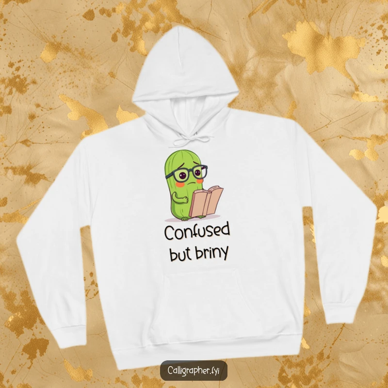 Funny pickle hoodie featuring a pickle wearing reading glasses, looking confused at a book, a humorous and warm apparel choice.
