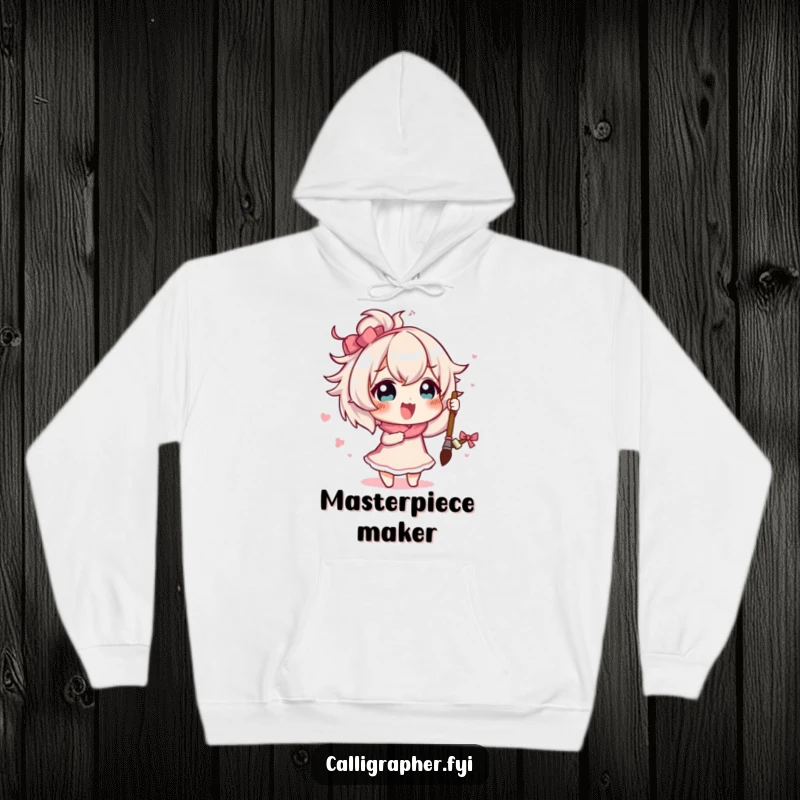 Funny cute character enthusiastically painting a flourish with a brush, featured on a cozy and humorous hoodie.