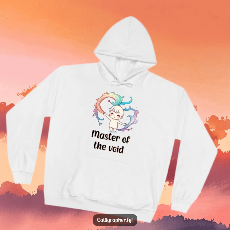 Funny hoodie depicting a cute character artistically conjuring mesmerizing, swirling ink patterns in the air, perfect for art enthusiasts.
