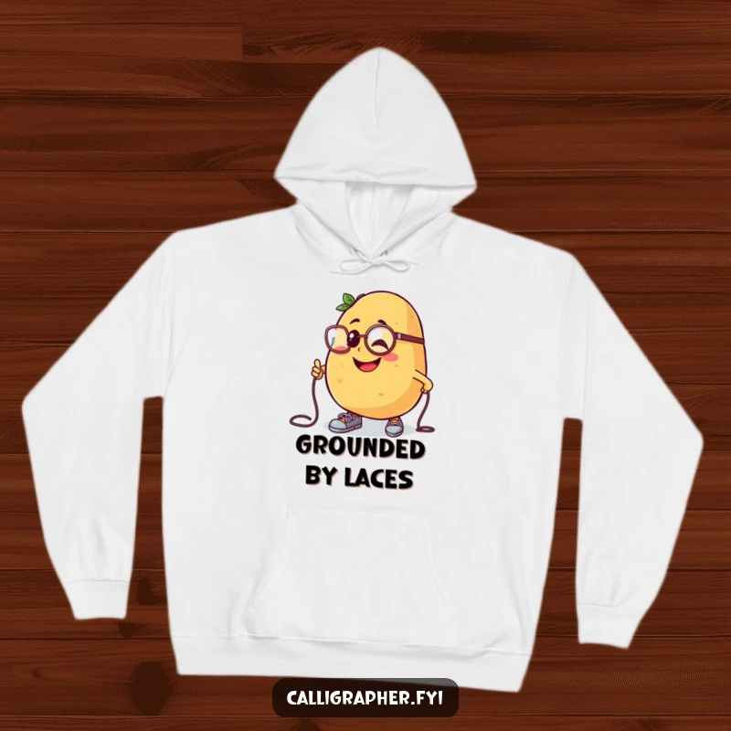 Funny hoodie featuring a cheerful potato character wearing a monocle, comically tripping over its shoelaces.