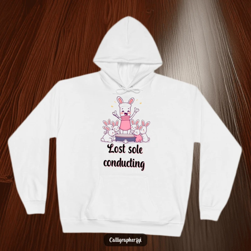 Funny hoodie featuring an enthusiastic sock passionately conducting a disorganized orchestra of dust bunnies.