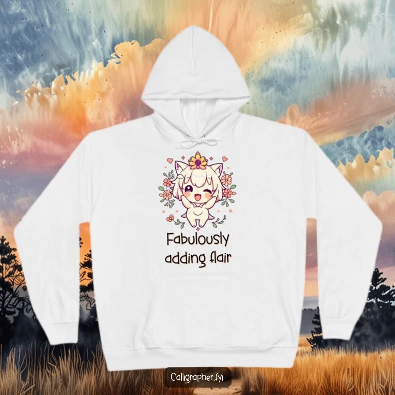 Funny Hoodie with a cute character happily decorating, surrounded by sparkly flourishes and festive elements, offering cozy artistic vibes.