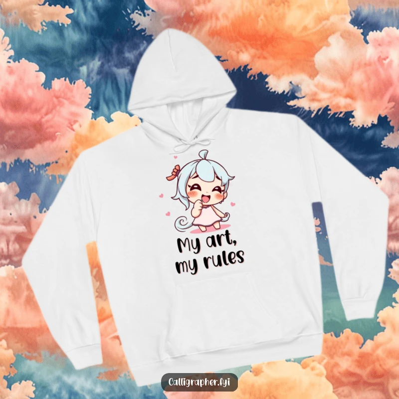 Funny hoodie with a giggling character artist playfully creating a swirling pattern with their finger, perfect for cozy creative moments.