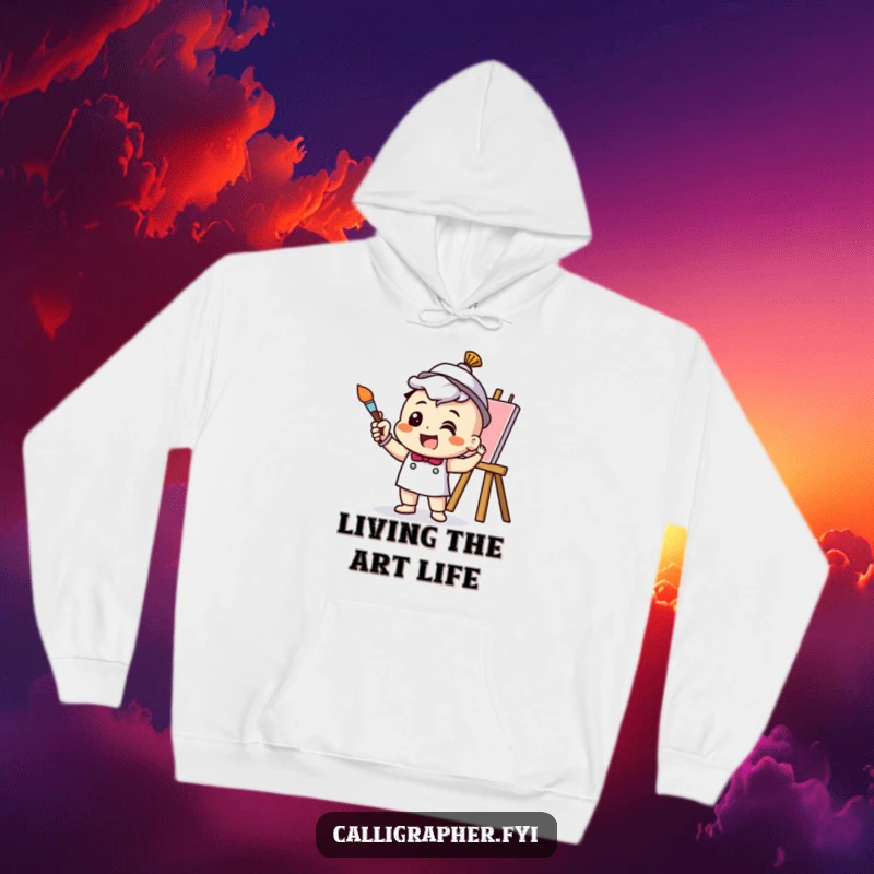 Funny Hoodie showcasing a cheerful artist character in the act of painting with a brush, a vibrant and humorous artistic statement.