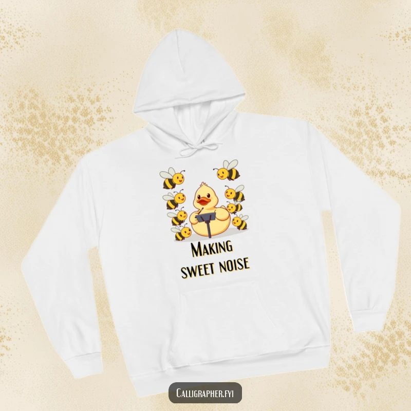 Funny hoodie featuring a rubber ducky conducting an orchestra of smiling bees, a humorous and warm apparel choice.