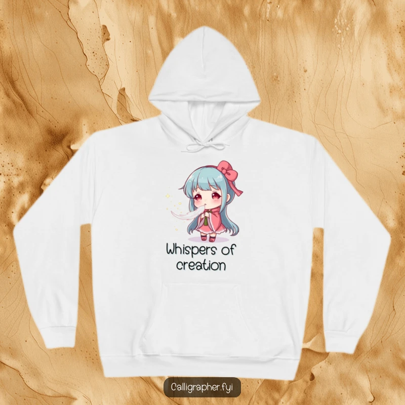 Funny hoodie showing an artist gently blowing a feather, creating a soft cloud of colorful pigment, symbolizing delicate artistic creation and comfort.