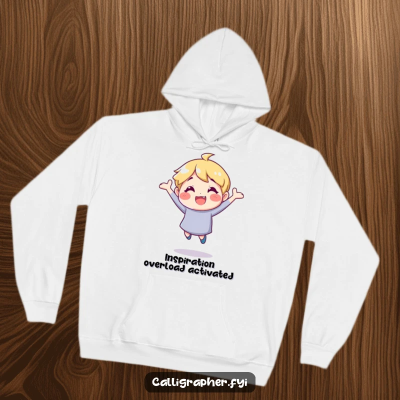 Funny hoodie showcasing a cheerful character in a dynamic bouncing pose, radiating positivity and creative inspiration, superb for gifting.
