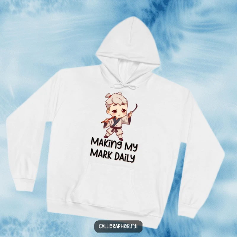 Funny hoodie depicting a character artist dramatically gesturing with a calligraphy pen, creating a bold stroke in the air, celebrating artistic movement.