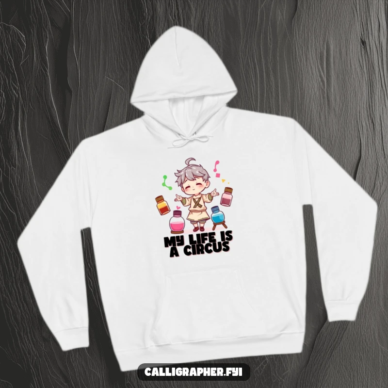Funny hoodie depicting a character artist playfully juggling three different colored ink bottles, perfect for cozy creative sessions.