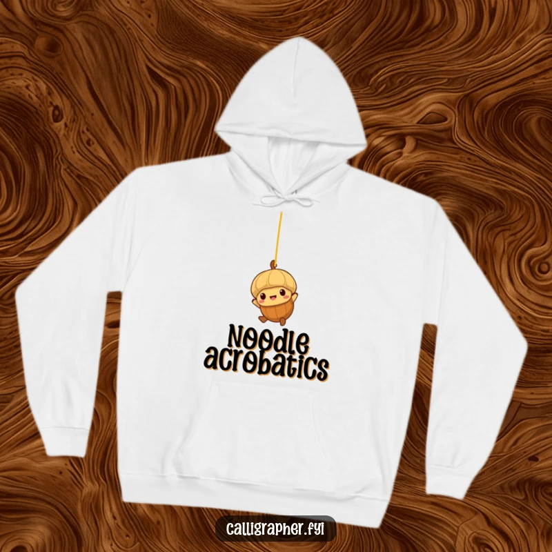 Funny hoodie featuring a brave little acorn character swinging from a strand of spaghetti.