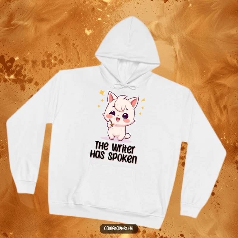 Funny hoodie showcasing a playful character doing a triumphant flourish after writing, celebrating creative achievements with warmth and humor.