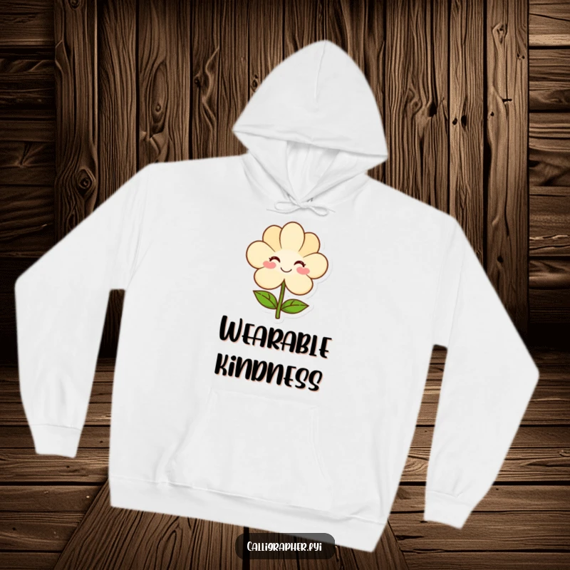 Funny hoodie of a smiling artist holding a delicate flower drawing, exuding warmth, kindness, and artistic appreciation.