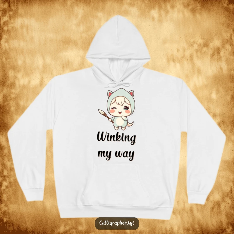 Funny hoodie depicting a cute character holding a quill pen and giving a charming, delighted wink, perfect for cozy literary sessions.