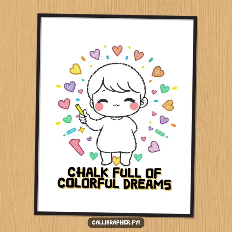 Funny Free Printable Wall Art: Cute character meticulously crafting a stunning and colorful pattern using vibrant sticks of chalk.