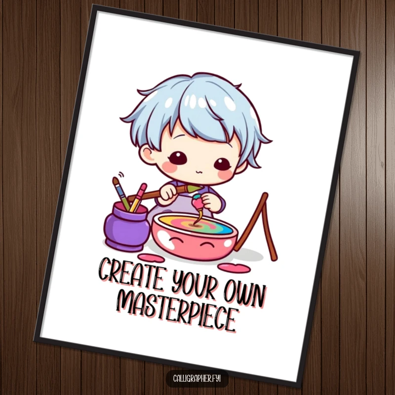 Funny Free Printable Wall Art: A cute kawaii artist character dips a brush into a pot overflowing with vibrant, colorful ink.