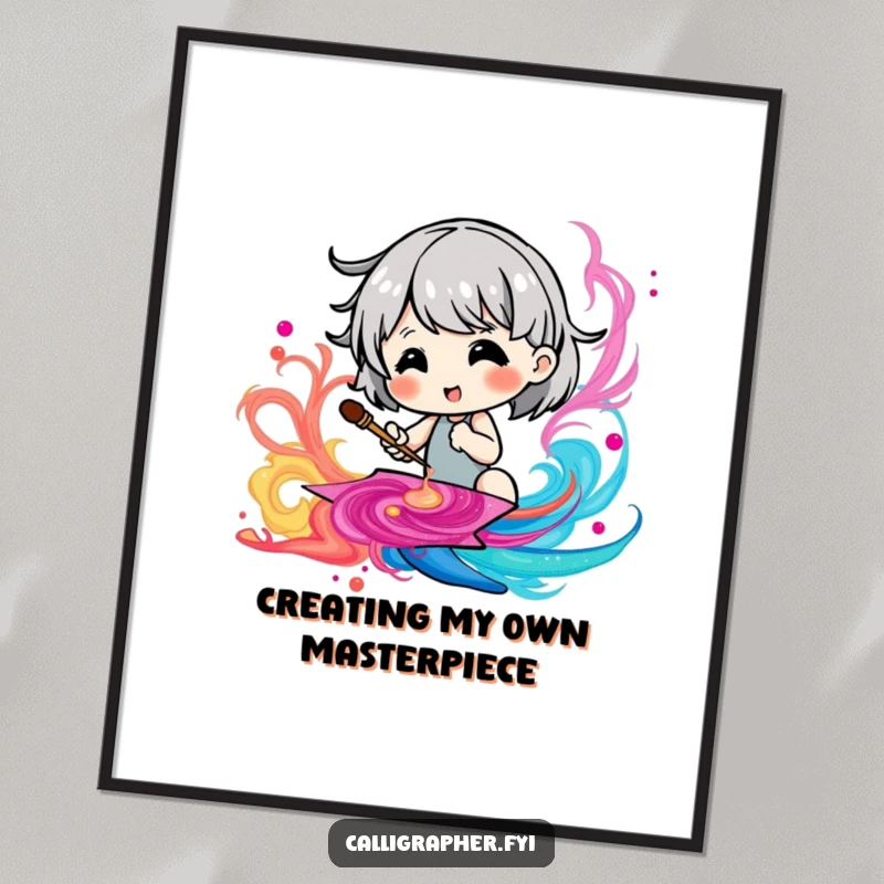 Funny Free Printable Wall Art showing a cute character happily painting a dynamic, swirling ink pattern with bright colors.