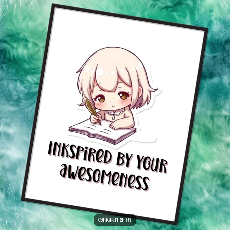 Funny Free Printable Wall Art: Adorable character passionately writing with a quill, adding a charming, humorous touch to decor.