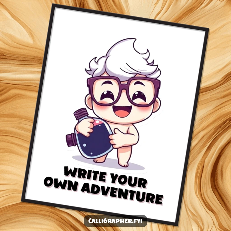 Funny Free Printable Wall Art: Happy character with glasses smiles, holding a large ink bottle, embodying a love for writing.