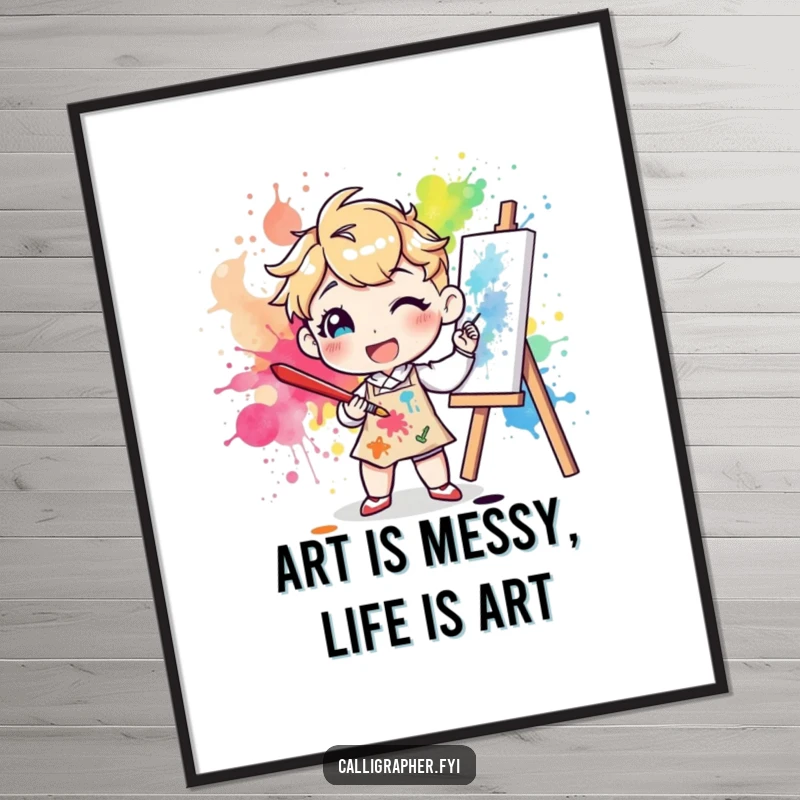 Funny Free Printable Wall Art: A joyful artist splattering vibrant ink onto a canvas with a large brush.