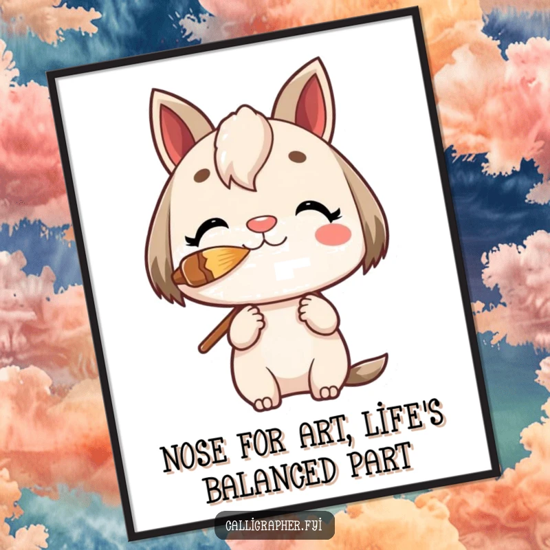 Funny Free Printable Wall Art: Charming character expertly balancing a paintbrush on its nose, a downloadable piece of art with whimsical charm.