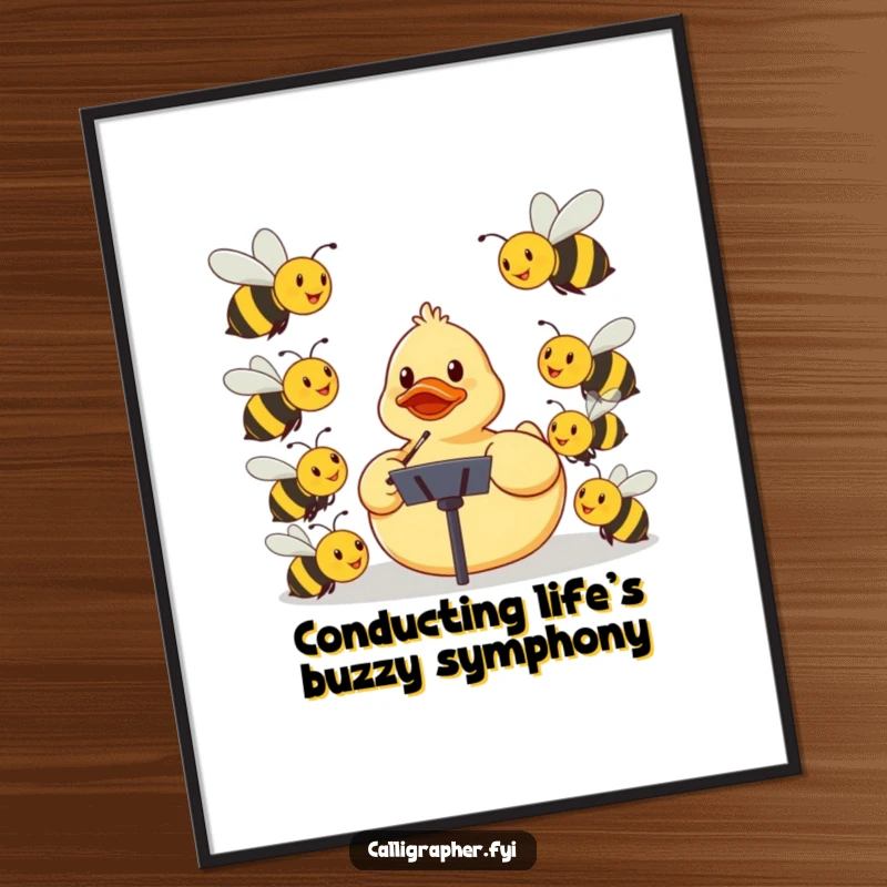 Funny Free Printable Wall Art: Rubber ducky passionately conducting a swarm of smiling bees, creating a humorous scene.