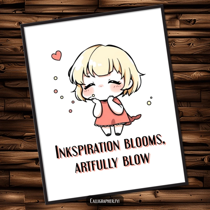 Funny Free Printable Wall Art featuring a cute character gently blowing on a freshly inked design, capturing the essence of artistic creation.