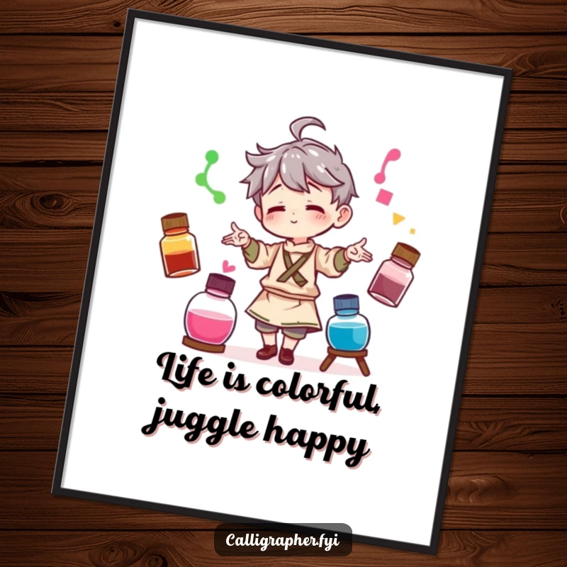 Funny Free Printable Wall Art: An artist playfully juggling three different colored ink bottles with impressive skill.