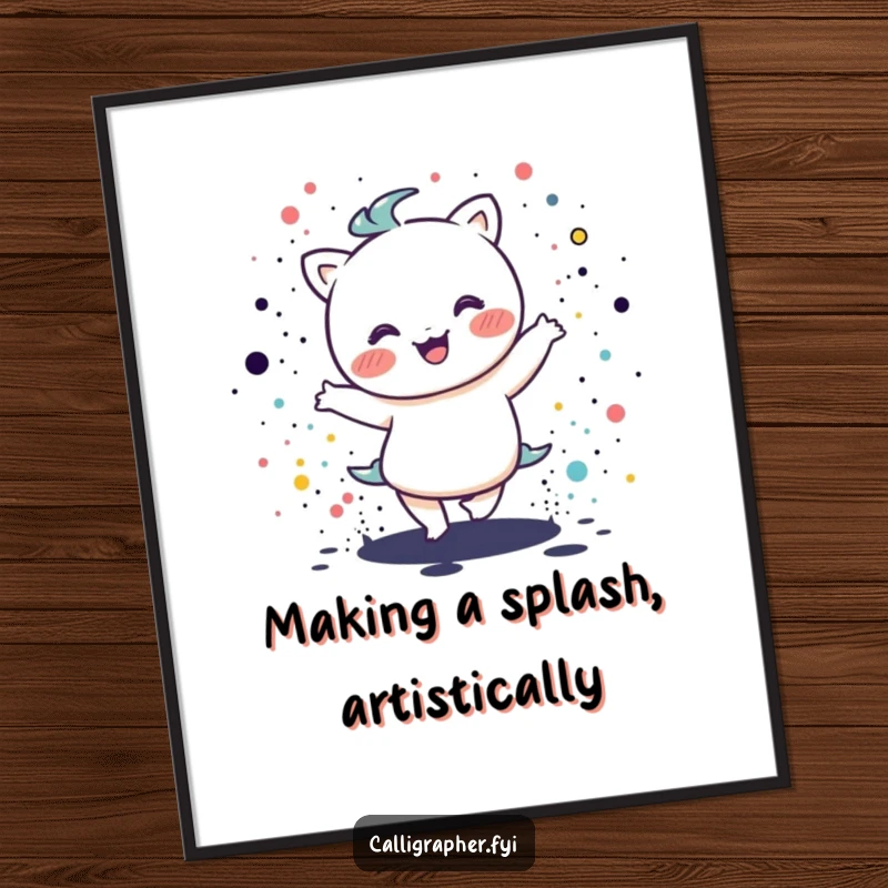 Funny free printable wall art of a kawaii character performing a happy dance amidst abstract ink splatters.