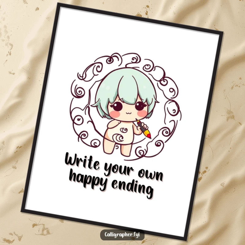 Funny Free Printable Wall Art: A cute character meticulously creating a swirling pattern with a calligraphy pen, adding artistic humor.