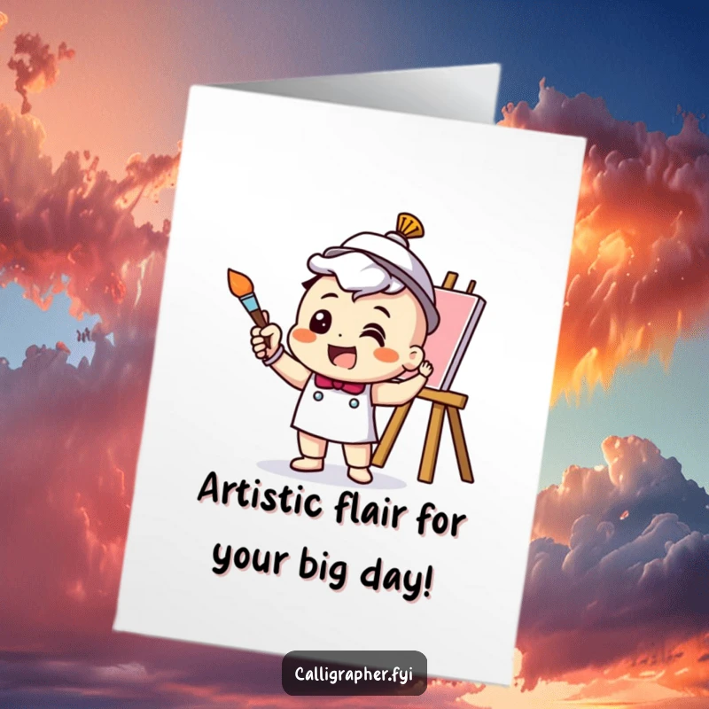 Funny Free Printable Birthday Card: Cheerful artist character excitedly paints a masterpiece with a paintbrush, ready for celebrations.