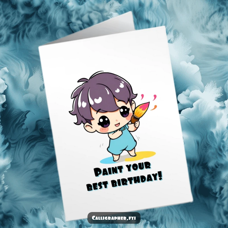 Funny Free Printable Birthday Card: Cute character enthusiastically twirls a paintbrush with splattered ink.