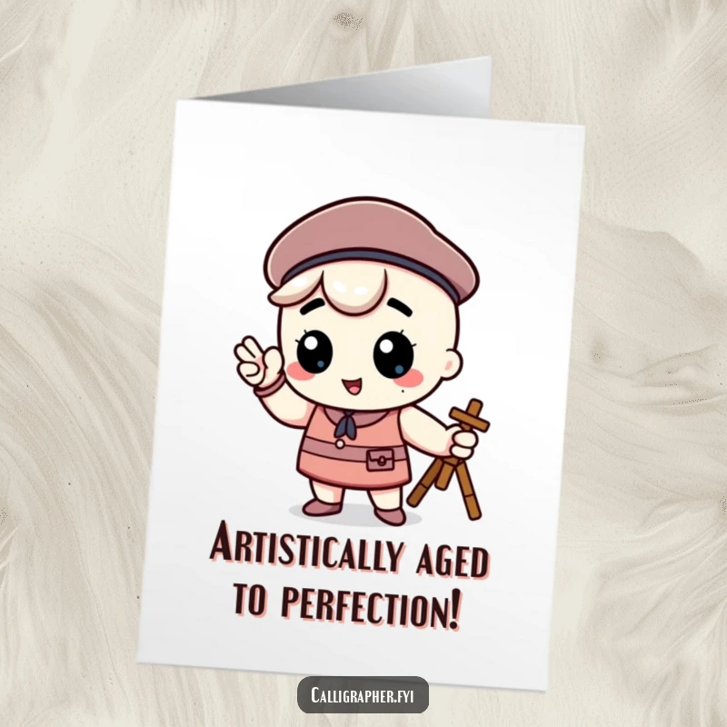 Funny free printable birthday card featuring a kawaii character in a beret, striking a proud artist pose.